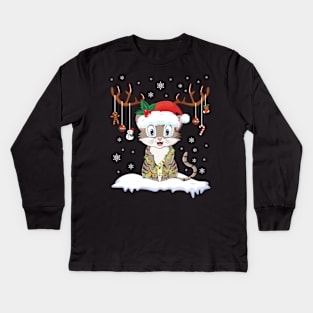 Cat Reindeer Santa Noel Costume Dancing On Snow Merry Xmas Kids Long Sleeve T-Shirt